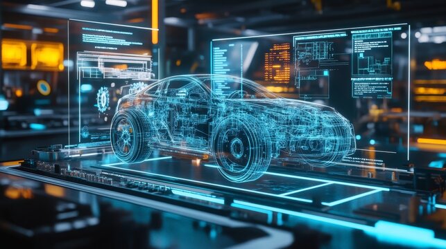 A futuristic, digital representation of a car displayed on a high-tech interface, showcasing holographic designs and technical data.