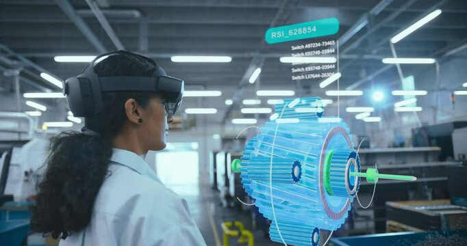 Female Engineer in VR Headset Designs a 3d Engine Model in a High-tech Factory, Interacting With Virtual Components and Digital Interfaces. Holographic Displays Futuristic Enginnering Concept