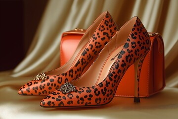 Pair of leopard print orange high heel shoes, matching luxury designer handbag.