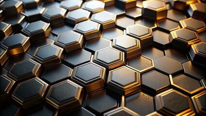 Abstract Geometric Pattern of Black Hexagonal Tiles with Gold Accents in Low Light Photography