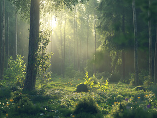 Lanscape Beautifull forest at dawn, with the sunlight filtering through the tall trees and creating a beautiful and serene atmosphere.