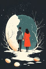 Obraz premium A couple explores a surreal world through a giant cracked egg, symbolizing new beginnings and adventures in the winter landscape.