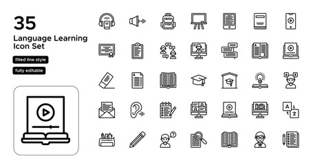 Language Learning Line Icon Set: Speaking, Writing, and Vocabulary Development Icons