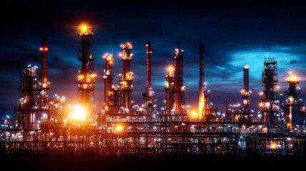 Fototapeta premium Industrial landscape at night showcasing illuminated refinery structures and equipment, creating vibrant and dynamic atmosphere