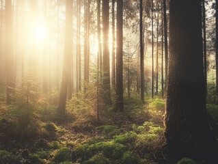 Lanscape Beautifull forest at dawn, with the sunlight filtering through the tall trees and creating a beautiful and serene atmosphere.