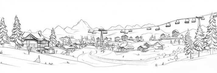 Fototapeta premium Winter Mountain Village with Cable Car and Snowy Peaks
