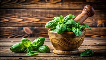 Fototapeta premium Fresh Basil Leaves Ready to Be Crushed in a Wooden Mortar and Pestle on a Rustic Wooden Table
