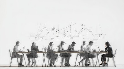 One-line drawing of a collaborative business team in a linear style, depicting teamwork and cooperation in an office setting, ideal for company and employee engagement themes.