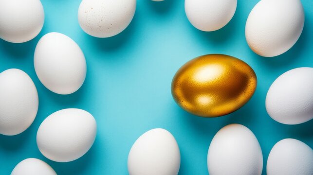 Golden egg amid white eggs on a vibrant blue background, symbolizing uniqueness and value, perfect for themes of rarity and distinction in design and marketing.