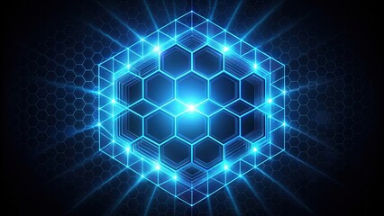 A glowing hexagonal structure with a blue neon glow on a black background with a hexagonal pattern