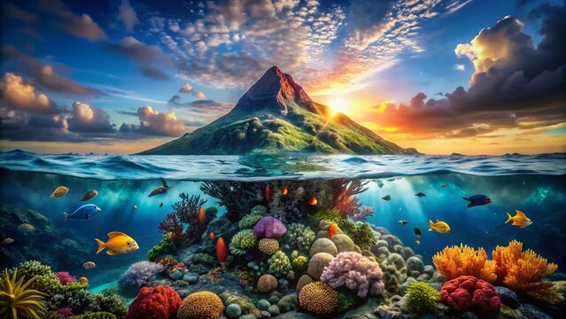 Surreal Seamounts Peak Emerging from Ocean Surface - Dreamlike Underwater Landscape