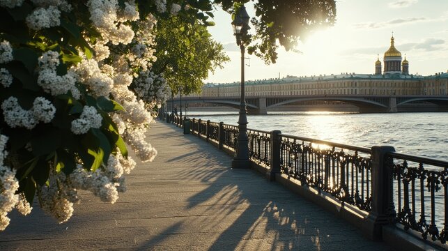 Lilac bushes flourish by the river in St. Jur, with a grand building rising in the background under the bright spring sun.