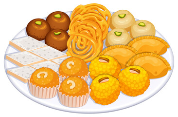 Sweets Plate with Gulab Jamun, Jalebi, Basen Ladoo, Gujiya, Boondi & Motichoor Laddus and Kaju Katli. Indian Mix Mithai Plate Side View Detailed Illustration