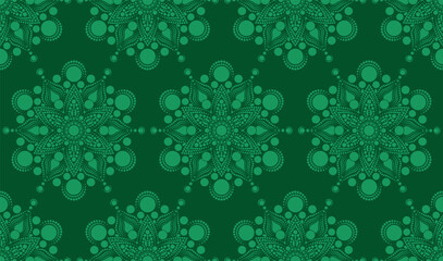Indian seamless pattern. Paisley background in ethnic style. Fabric design Rangoli mandalas texture for scrapbooking, crafts, prints, textile printing, wallpaper vector green background