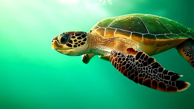 Vibrant sea turtle swimming through serene turquoise waters, showcasing intricate shell patterns in underwater scene filled with marine life and aquatic wildlife, evoking tranquility and wonder in