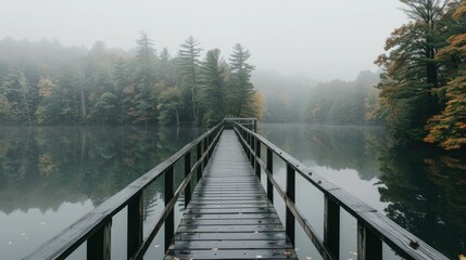 A Wooden Bridge Leading into a Foggy Lake