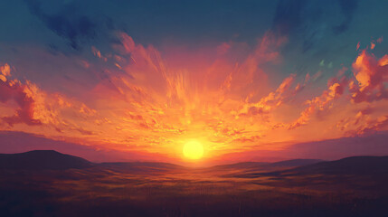 A breathtaking sunset over a distant hill, casting warm colors across the sky.