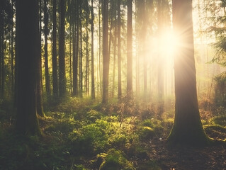 Lanscape Beautifull forest at dawn, with the sunlight filtering through the tall trees and creating a beautiful and serene atmosphere.