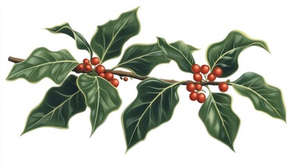 Obraz premium A detailed illustration of a holly sprig with rich dark green leaves and bright red berries, isolated for emphasis. The sharp serrated edges of the leaves highlight the plant's distinctive features.