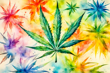 Fototapeta premium Watercolor painting of Marijuana on the abstract background. 