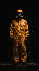 Fototapeta premium Man in Hazmat Suit with Gas Mask and Gloves on Black Background