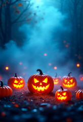 Naklejka premium Happy Halloween Banner with Blue Fog and Pumpkins