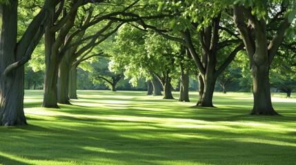 Sunlit Grove of Trees in Lush Green