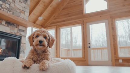 A cute dog enjoys a peaceful nap on a soft bed beside a crackling wood-burning fireplace in a cozy cottage.