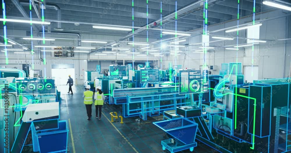 Leinwandbilder Two Engineers in Safety Vests Use a Tablet to Interact With Holographic Data in a High-tech Factory, Activate AI Facility Analysis, Advanced Machinery, Digital Interfaces, Futuristic Manufacturing