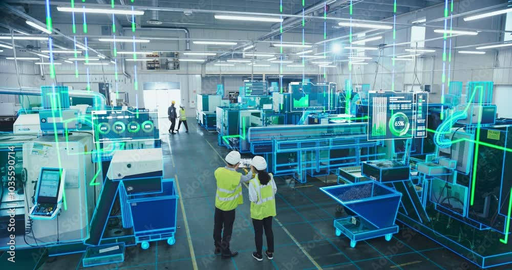 Fototapete two engineers in safety vests use a tablet to interact with holographic data in a high-tech factory,