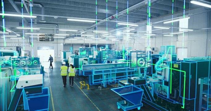 Two Engineers in Safety Vests Use a Tablet to Interact With Holographic Data in a High-tech Factory, Activate AI Facility Analysis, Advanced Machinery, Digital Interfaces, Futuristic Manufacturing