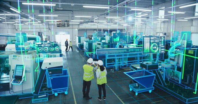 Two Engineers in Safety Vests Use a Tablet to Interact With Holographic Data in a High-tech Factory, Activate AI Facility Analysis, Advanced Machinery, Digital Interfaces, Futuristic Manufacturing