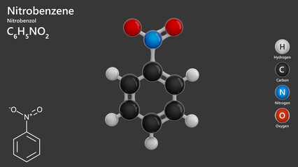 Molecule of Nitrobenzene (C6H5NO2) is a pale yellow oily liquid. It is primarily used in the synthesis of aniline and other organic compounds. Gray background. 3d illustration