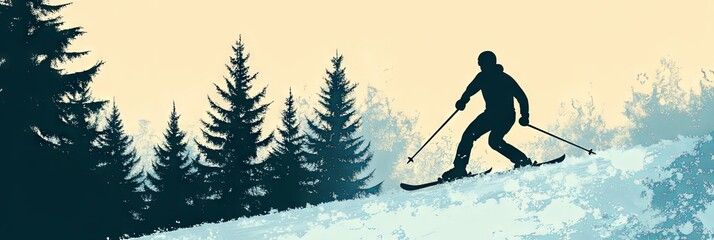 Silhouette of Skier Descending a Snowy Mountain