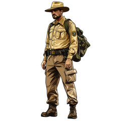 Fototapeta premium ranger stands confidently, ready for adventure in wilderness. Dressed in tan uniform with wide brimmed hat, he carries backpack, embodying spirit of exploration and nature