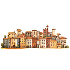 Obraz premium Charming village skyline featuring colorful buildings with rustic architecture, surrounded by greenery, evoking sense of warmth and nostalgia