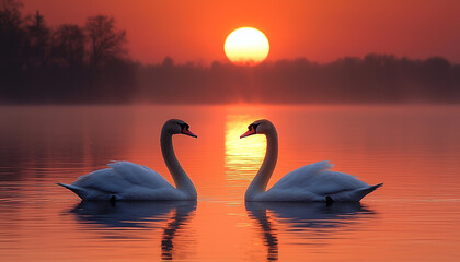 Naklejka premium Swan silhouette reflects in tranquil water at sunset generated by AI