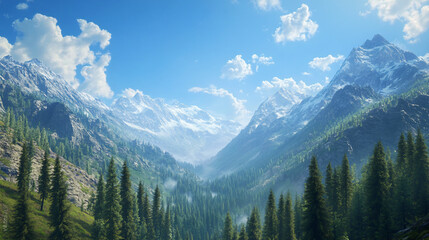 Obraz premium A breathtaking panoramic view of a mountain landscape filled with coniferous trees under a bright blue sky, embodying the spirit of adventure.