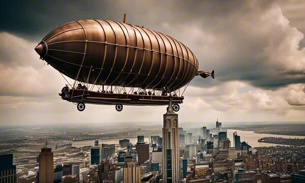 steampunk aviator piloting a dirigible through cloudy skies. Victorian-style cityscape below