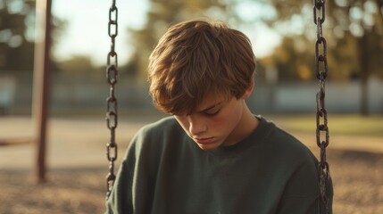 Stock minimalist photograph of a teenage boy sitting alone on a swing, looking down at the ground with a disappointed expression, an empty playground softly blurred in the background