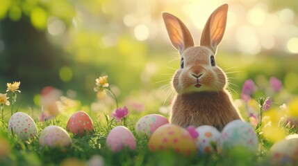 Stock minimalist photography of a bunny with a joyful expression, surrounded by Easter eggs and spring flowers in a sunlit meadow for a vibrant holiday theme