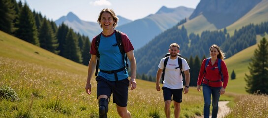 Smiling person on mountain hike with friends prosthetic leg visible