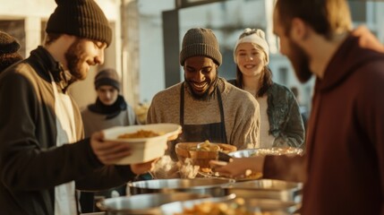 Volunteers from various backgrounds handing out meals to those in need at a soup kitchen, clean and minimalistic image  their generosity.