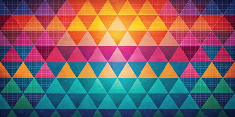 A vibrant abstract pattern with a grid overlay and colorful triangles. The triangles are arranged in a repeating pattern, creating a sense of depth and dimension.