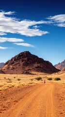 Naklejka premium A serene desert landscape featuring a dirt road winding towards a distant rocky hill under a bright blue sky with scattered clouds.