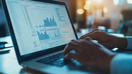 Data analysis on laptop screen with graphs and charts