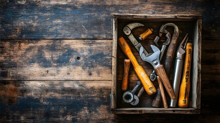 Vintage wooden crate packed with assorted carpentry tools, displayed on a raw wood surface, with room for text on a smooth background for branding