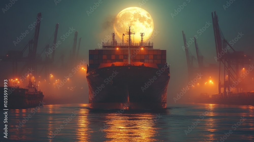 Poster a cargo ship slowly sails through misty waters illuminated by a full moon. the harbor is busy with c