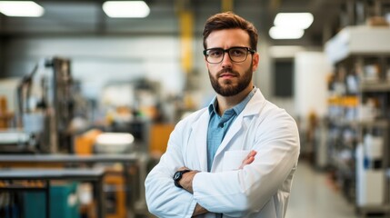 Fototapeta premium Portrait of a male factory worker in a lab coat, clean and minimalistic image with copy space in the workshop setting.