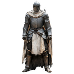 valiant knight stands proudly in full armor, embodying valor of timeless crusader. His detailed metal armor and weathered cloak reflect rich history of bravery and honor